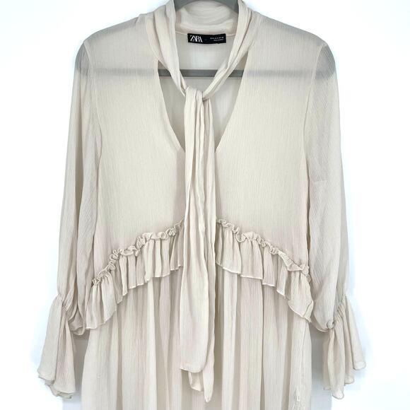 Zara Light Tan Blouse Tie Neck Size Small - Picture 5 of 7